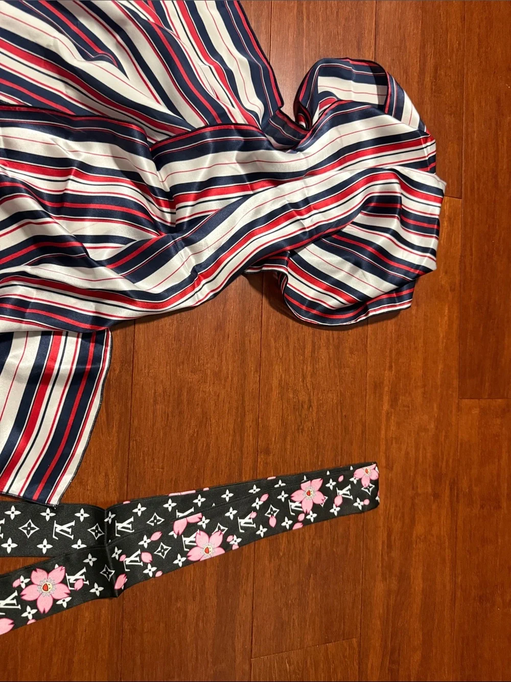 2 pc set Black & Pink Monogram Floral Bandeau and Striped Silk Scarf Set